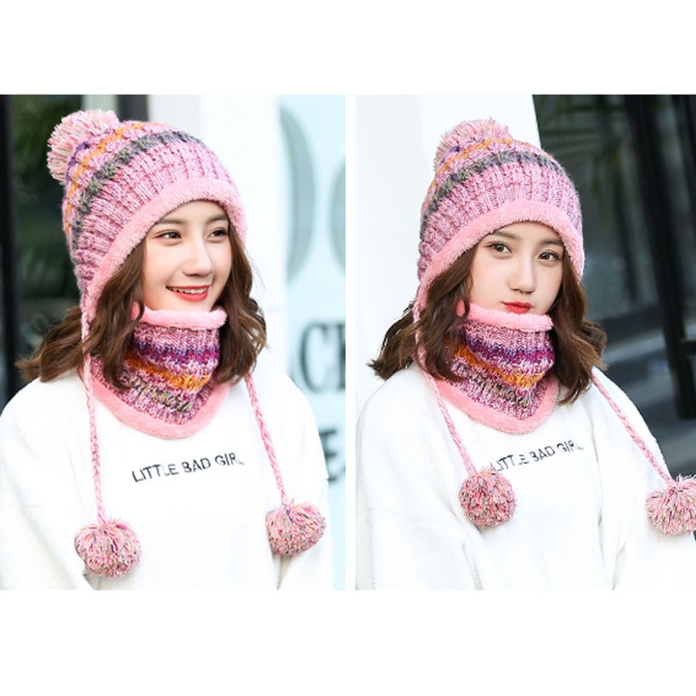 Winter Colorful Knit Pom Pom Hat with Neck Gaiter - Picture 3 of 7